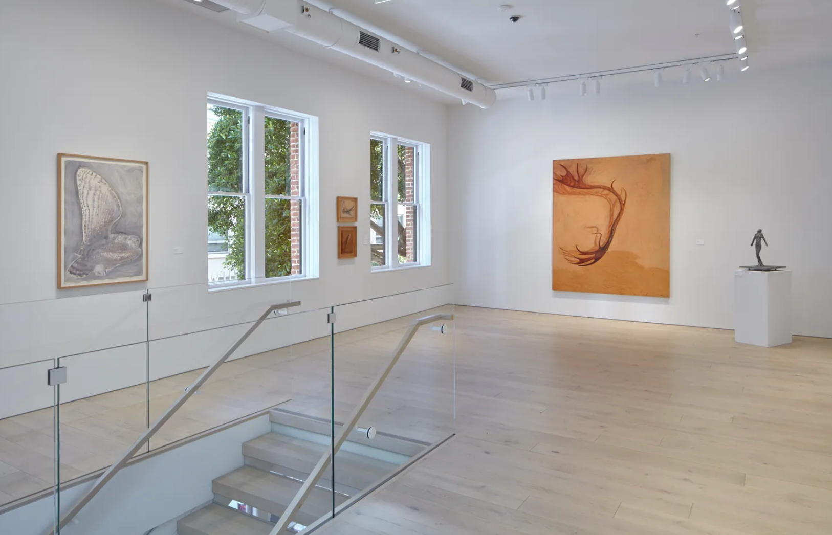 Berggruen Gallery 2018 — upper gallery with ochre canvas antler form and glass staircase
