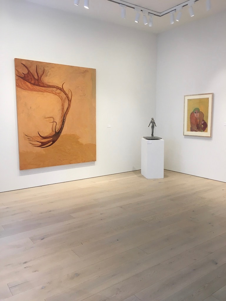 Berggruen Gallery 2018 — large ochre canvas with antler form and bronze figure sculpture