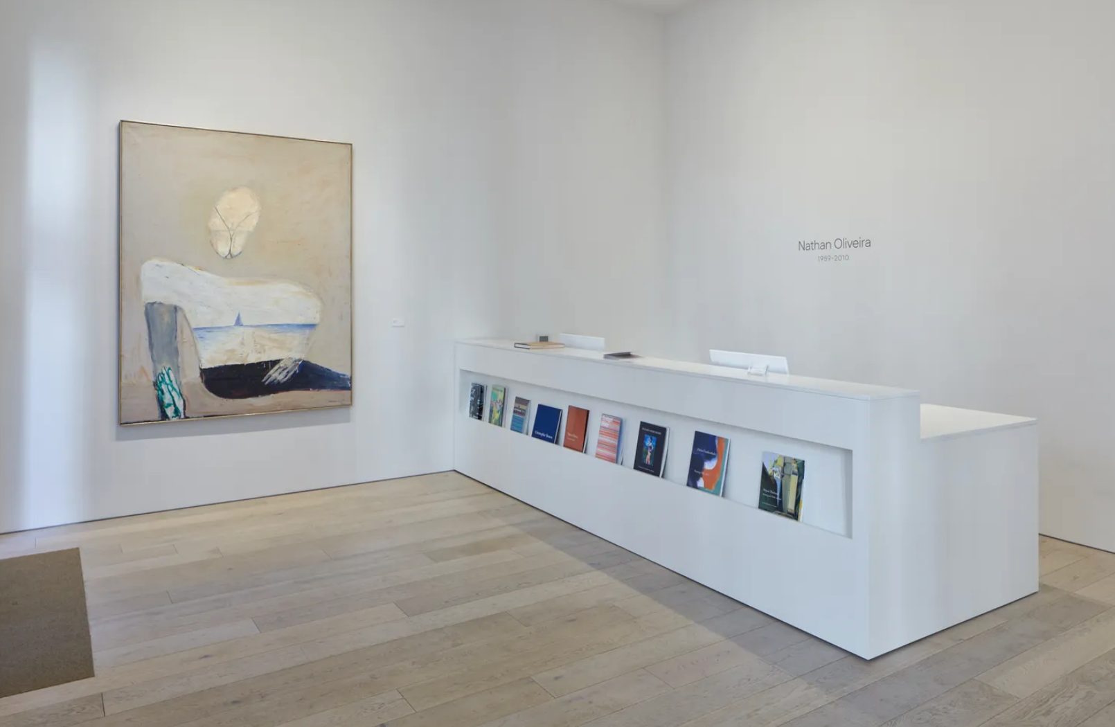 Berggruen Gallery 2018 — reception desk with Nathan Oliveira survey exhibition signage