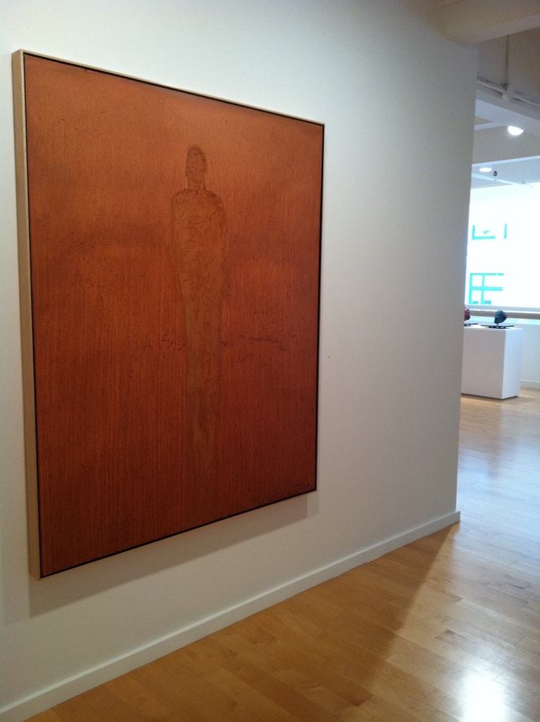 Berggruen Memorial Show — large rust-orange canvas with embossed standing figure