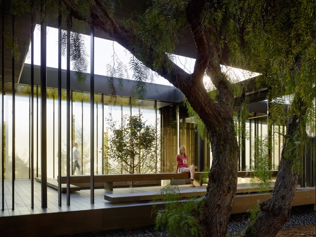 Windhover Contemplative Center — exterior night view