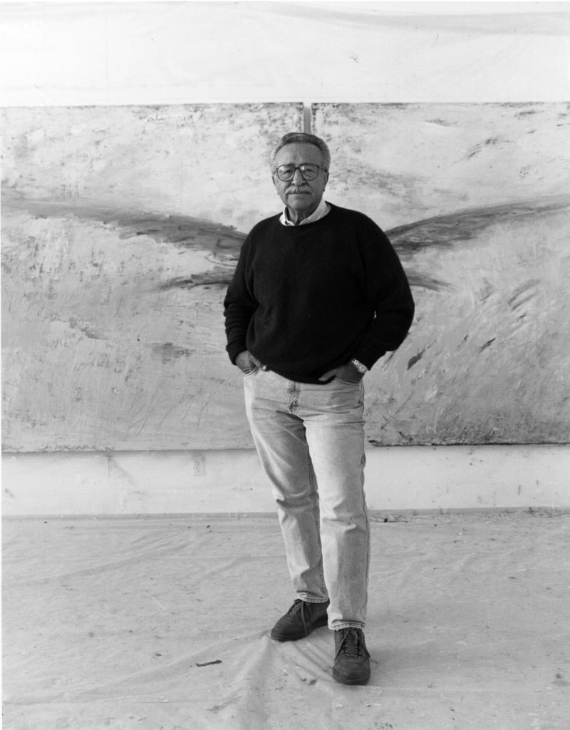 Nathan Oliveira portrait in studio before large painting